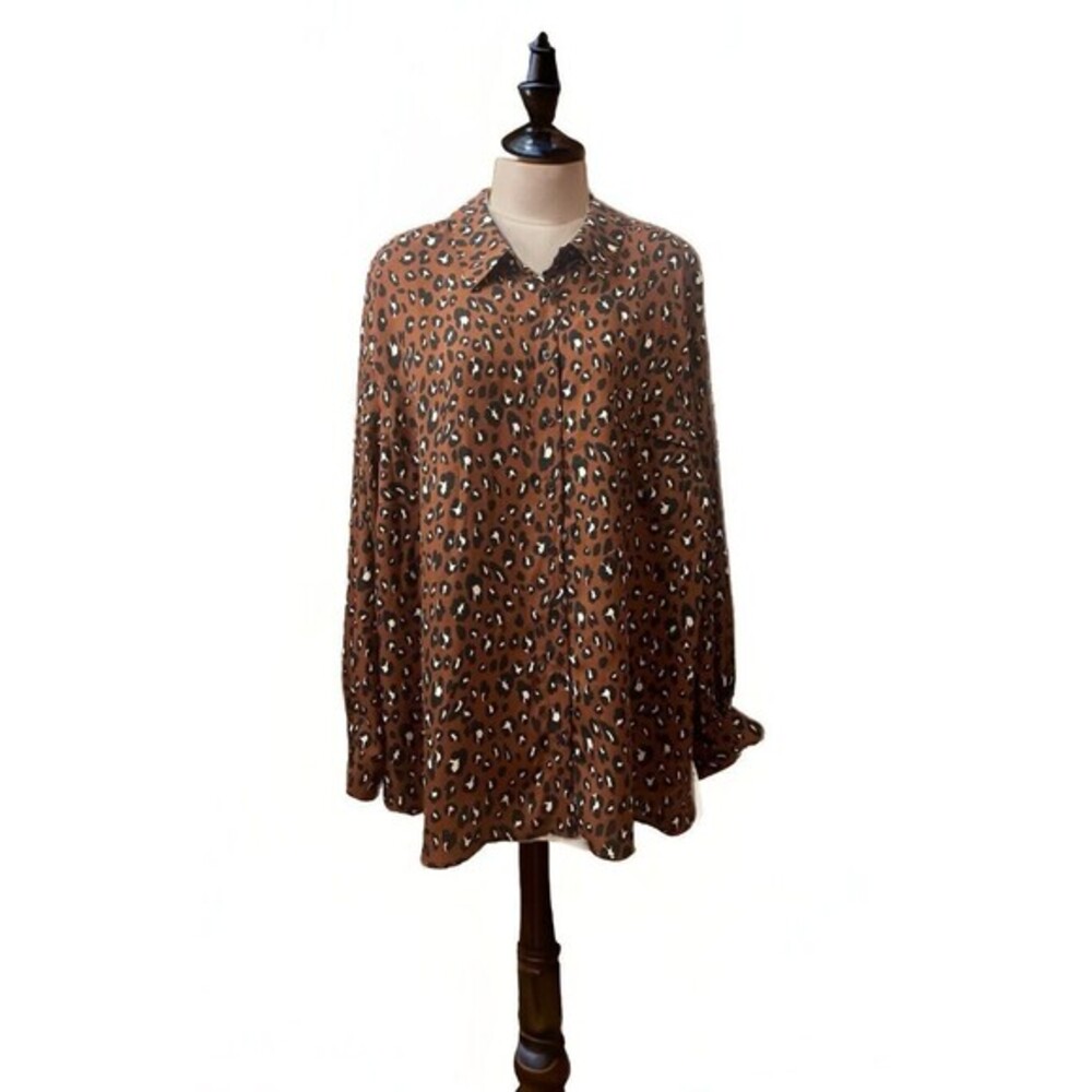 NWT Pleione Plus Size  Satin Button Up Dark Brown Leopard Top Women’s Size 2x